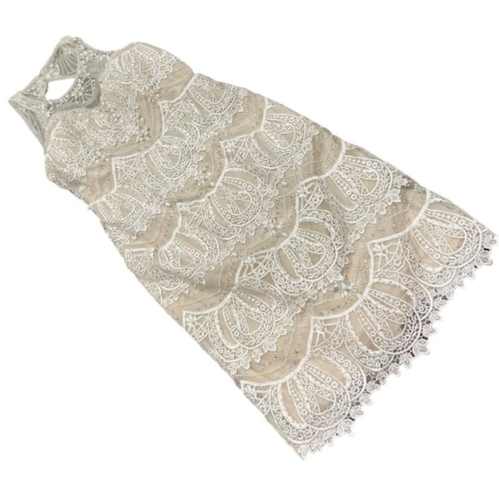 White lace and beaded lace midi dress with high neck and low back